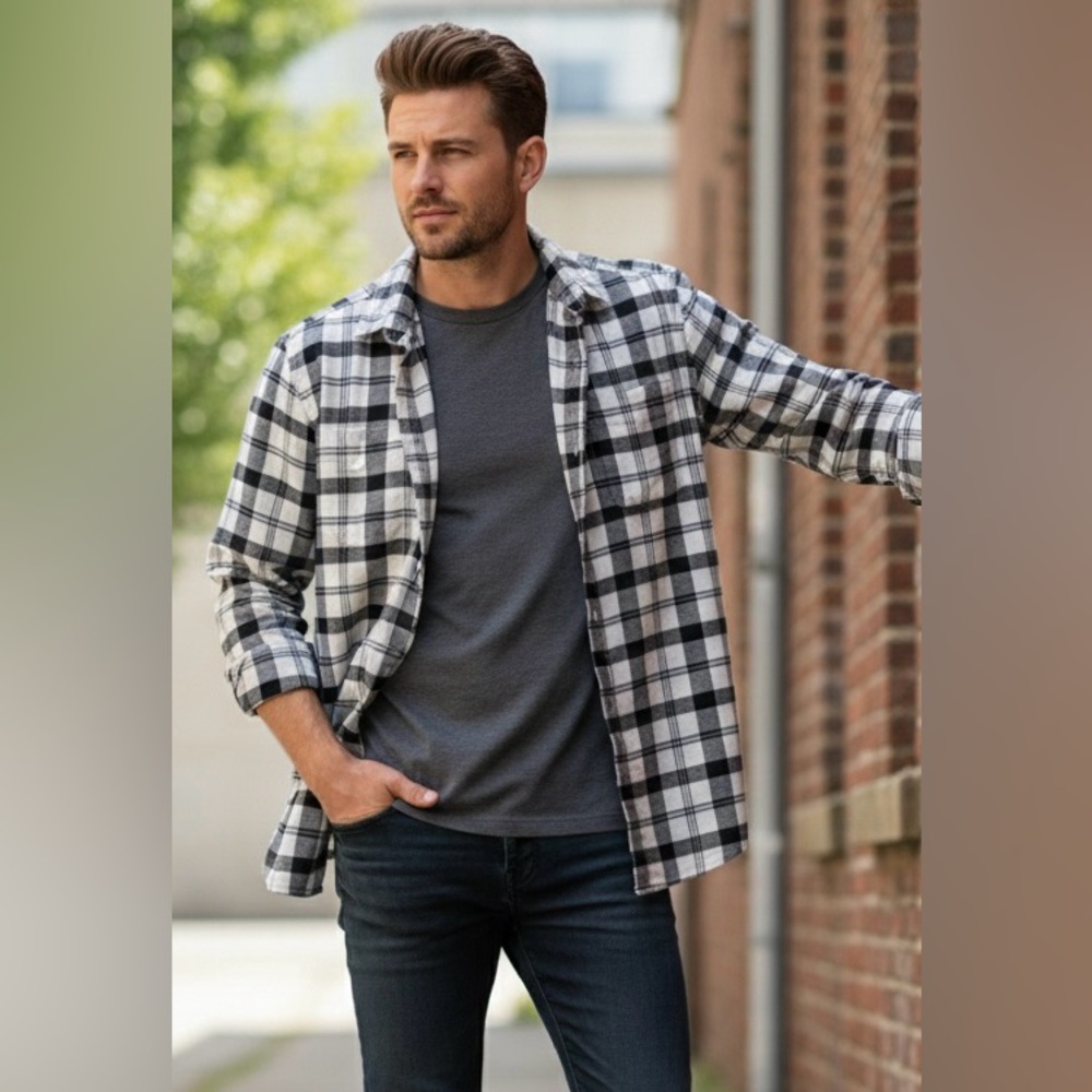 Old Navy Slim Black & White Slim Fit Flannel Shirt Buffalo Plaid Size Large